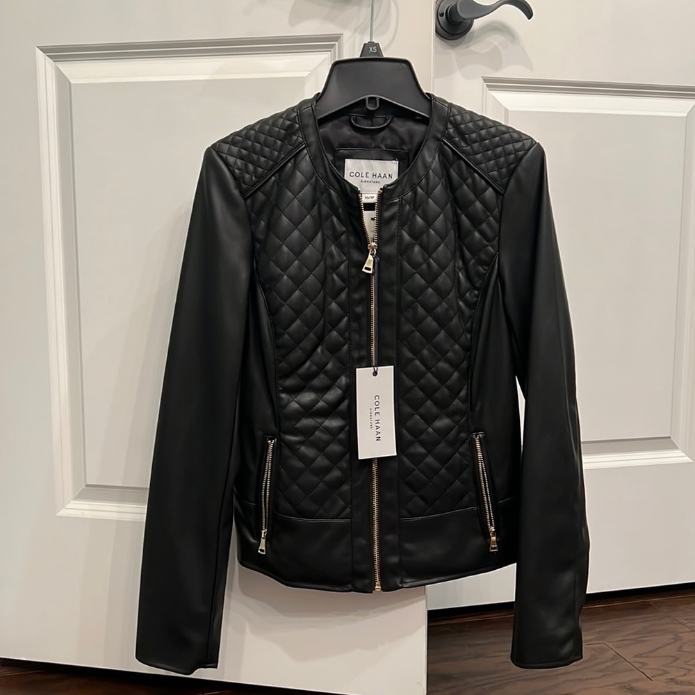 Brand New Cole Haan Faux Leather Quilted Jacket, XS, Black
